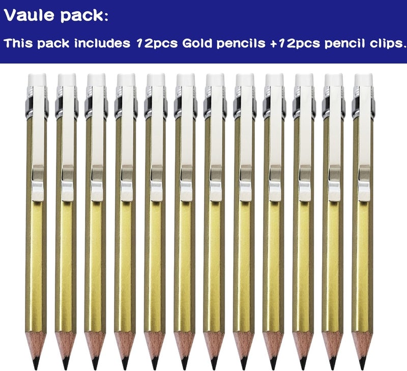 Adhere 12pcs Golf Pencils with eraser Hexagon gold with clips Graphite 2B for Golf Event Scoring,Wedding,Company Meetings,Pew, Pocket(z-Gold pencil+ pencil clip) - Image 3